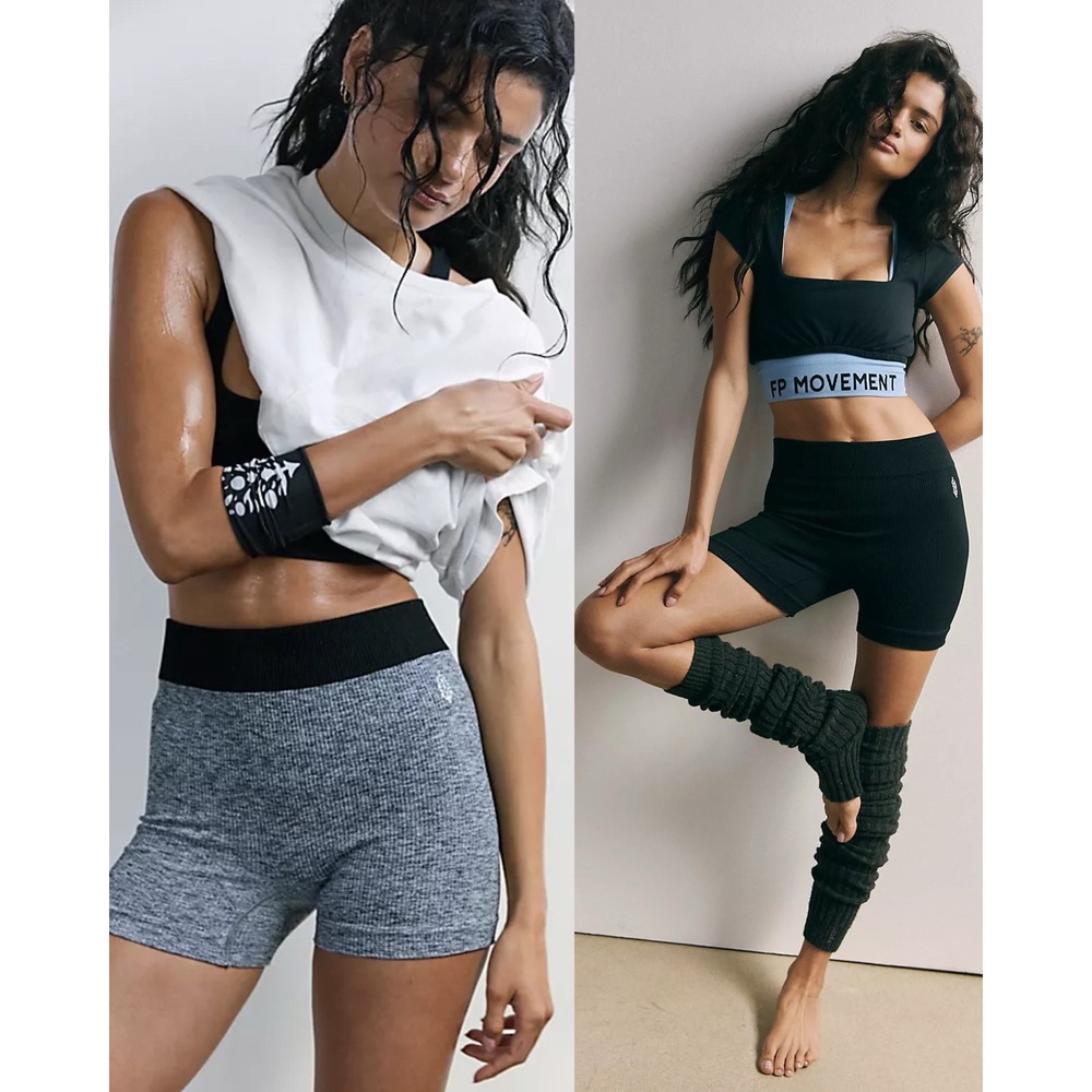 Free People Movement Happiness Runs Prajna Shorts Ribbed Seamless Black Gray M/L